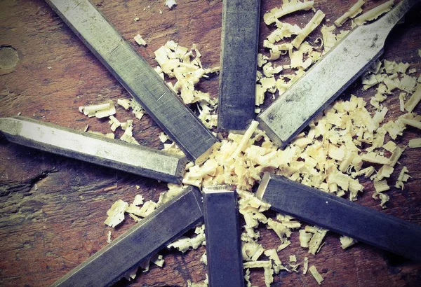 Sharp Chisels Sawdust Chippings Workbench Vintage Effect — Stock Photo, Image