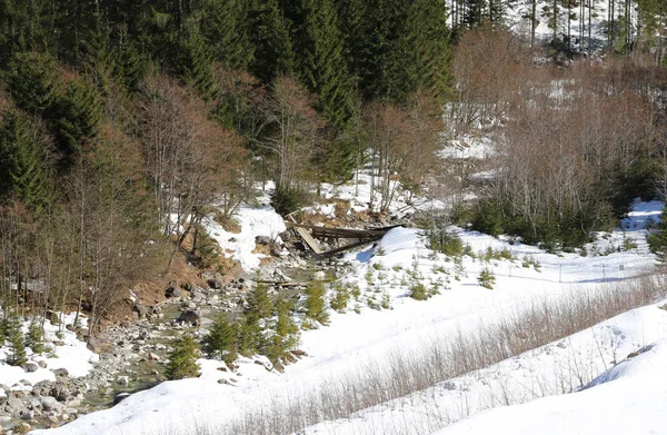 Holzbrücke Einem Bach Wegen Schlechten Wetters Eingestürzt — Stockfoto