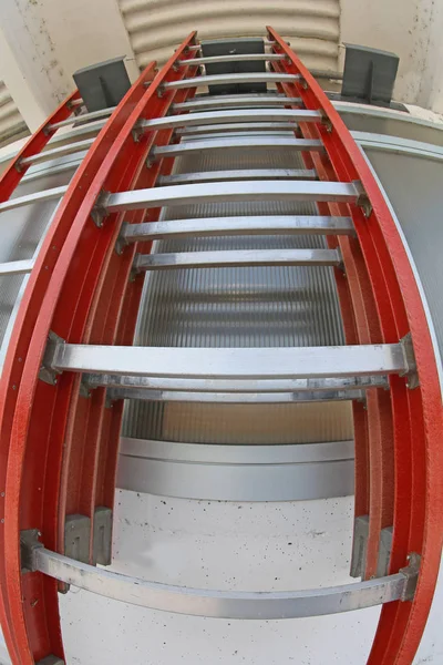 Huge Red Ladder Worker Photographed Fisheye Lens — Stock Photo, Image