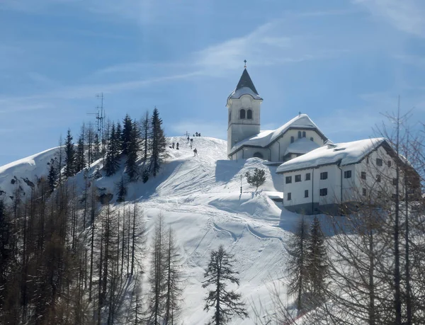 Lussari Mountain Italy April 2018 Old Sanctuary Snow Stock Image