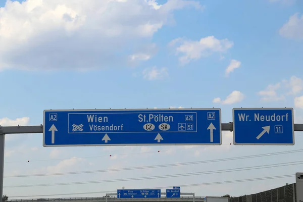 Sign Austrian Motorway Directions City Vienna Continue Czech Republic Slovakia — Stock Photo, Image