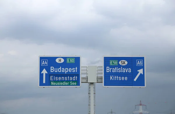 Road Sign Austrian Highway Directions Border Hungary Slovakia — Stock Photo, Image