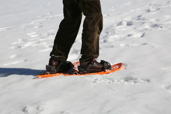 Adam Dağlarda Kar Ayakkabıları Ile Beyaz Karda Yürür — Stok fotoğraf