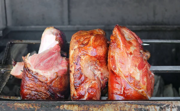 Pork Leg Hams Cooked Spit Local Festival — Stock Photo, Image