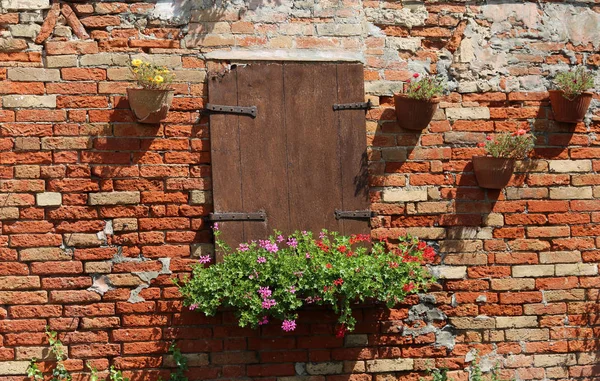 Fialový Červený Květináč Mimo Balkon Domu Červených Cihel — Stock fotografie