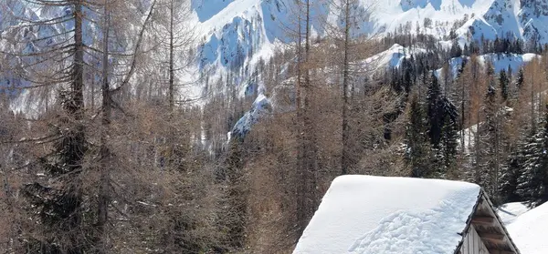 Dach Einer Kleinen Hütte Schneebedeckten Bergen — Stockfoto
