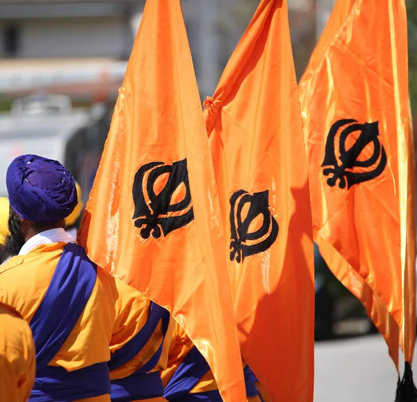 Tre Orange Flaggor Med Sikhismen Symbol Kallas Khanda Och Man — Stockfoto