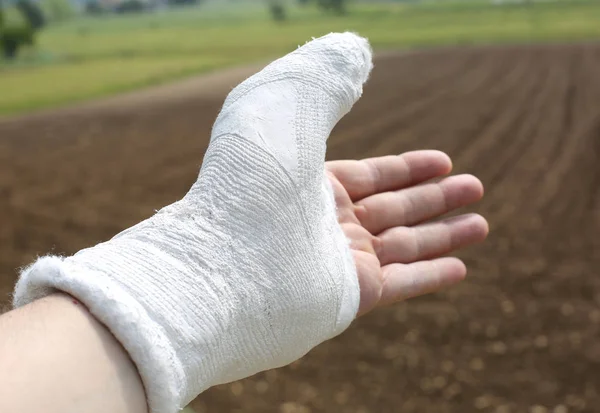 Man Hand Plaster Fully Invoiced Especially Thumb Agricultural Background — Stock Photo, Image
