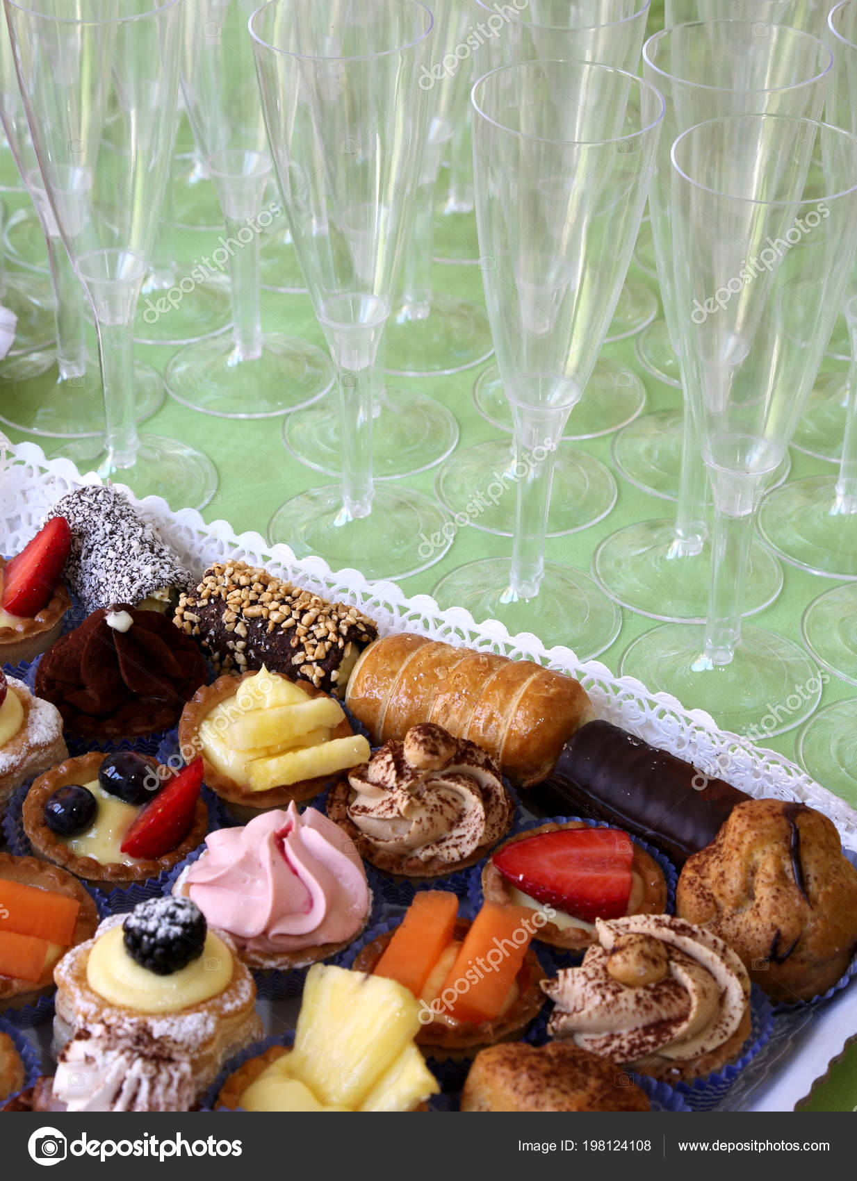 Wedding Reception Flute Type Glasses Tray Pastries Stock Photo