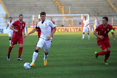 Vicenza, VI, İtalya - 2 Eylül 2016: İtalya milli futbol takımı ve Sırbistan altında 21 Cerri Alberto futbol maç