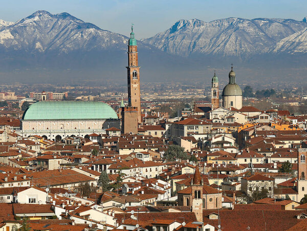 Vicenza, Italy Panorama of the city with the Basilica Palladiana and the dome of Saint Stephan Church