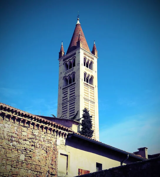 Yüksek Çan Kulesi San Zeno Bazilikası Talya Verona Vintage Etkisi — Stok fotoğraf