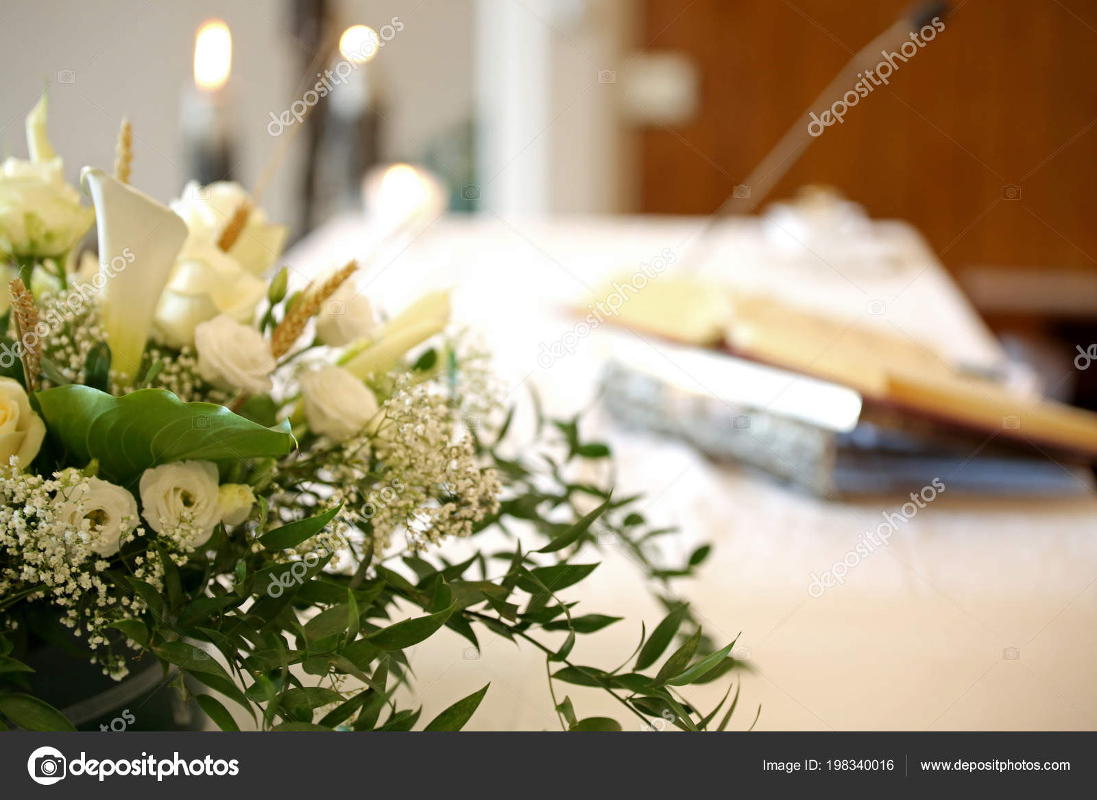 Vase Many Flowers Altar Church Holy Bible Background Stock Photo