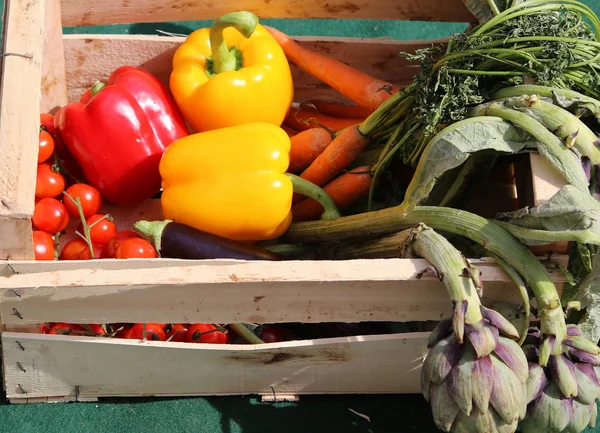 Plantaardige Doos Met Paprika Artisjokken Andere Biologische Groenten Net Geoogst — Stockfoto