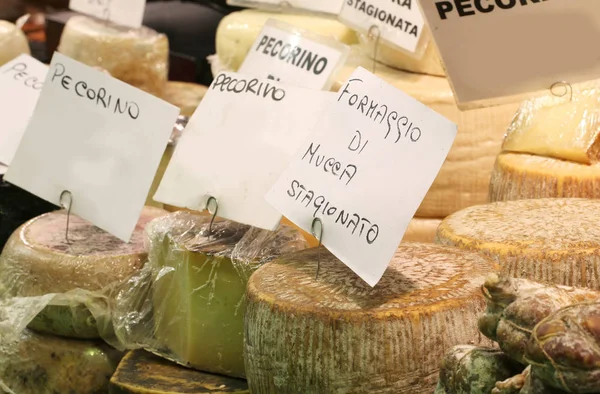 意大利奶酪出售在摊位与标签和食品名称 Pecorino 意味着奶酪与绵羊的牛奶和 Formaggio Mucca Stagionato 意味着成熟的奶牛奶酪 — 图库照片