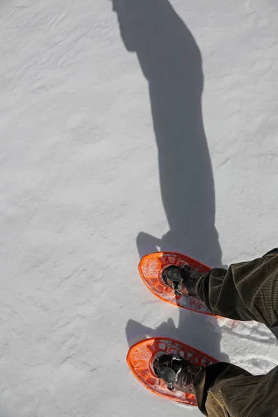 young man walks with snowshoes on the fres white snow in winter