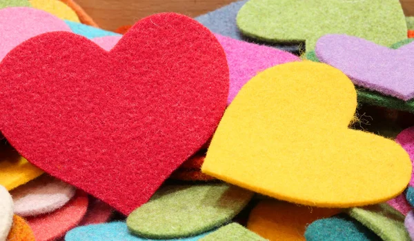 One Big Red Heart Yellow Heart Made Felt — Stock Photo, Image