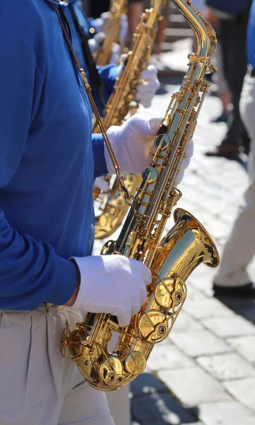 Music Band Sax Player Suffer White Gloves — Stock Photo, Image