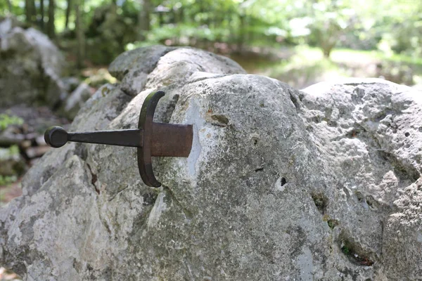Excalibur sword in the stone in the forest