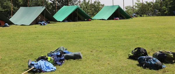 広い芝生の前にバックパックでグリーン スカウト テント — ストック写真