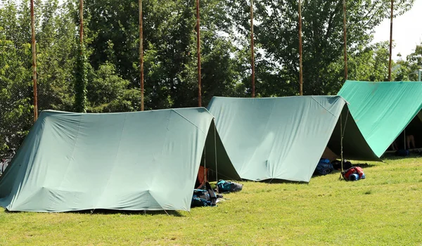 三加拿大绿色帐篷安装在草地上的童子军过夜 — 图库照片