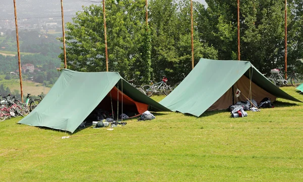 Groene Scout Tenten Reeds Gemonteerd Een Grote Groene Veld — Stockfoto