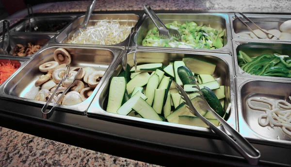 Self Service Restaurant Lots Fresh Vegetables Zucchini Bean Sprouts Mushrooms — Stock Photo, Image