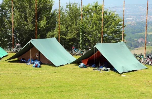 Dwa Namioty Zielony Scout Już Zamontowany Dużym Polu Zielony — Zdjęcie stockowe
