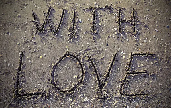 Velký Text Láskou Pláži Písek — Stock fotografie