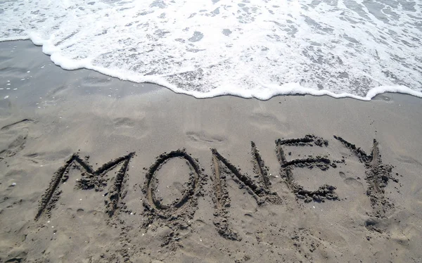 big text MONEY that is deleted by the sea wave on the sandy beach