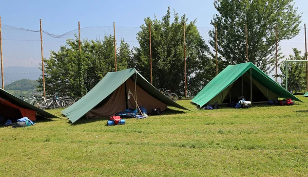Dwa Namioty Zielony Montowane Przez Harcerzy Łące Spędzenia Nocy — Zdjęcie stockowe