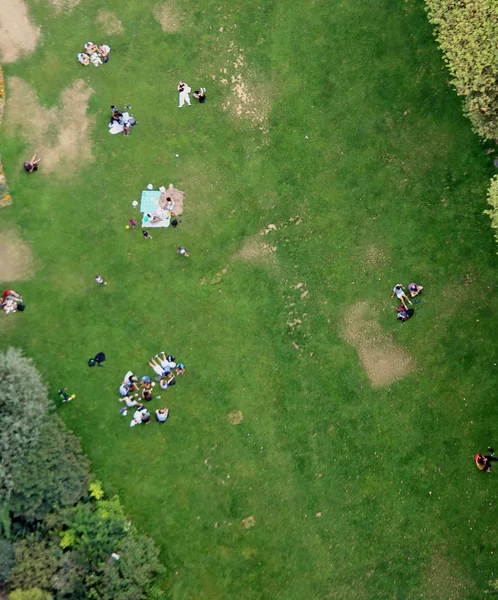 elevated view of families and more people during picnic on the green meadow