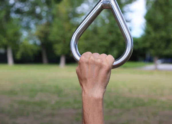 Athlete Hand Grasping Gymnastic Ring Firmly Outdoor Training — Stock Photo, Image