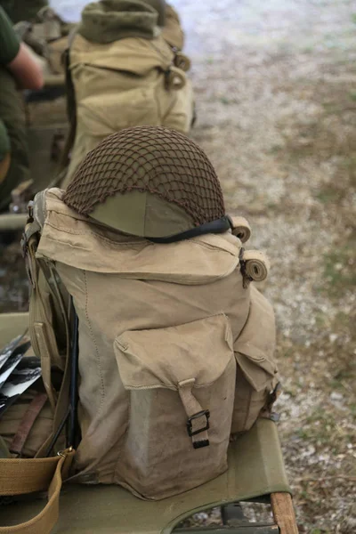 Backpack Military Helmet Second World War Cot Military Camp — Stock Photo, Image