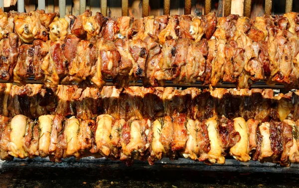 Nombreuses Brochettes Avec Cuisson Viande Poulet Très Lentement — Photo