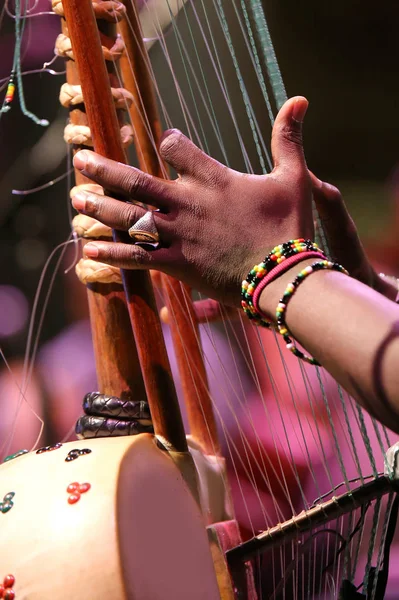 Hands African Man Plays Homemade Stringed Instrument — Stock Photo, Image