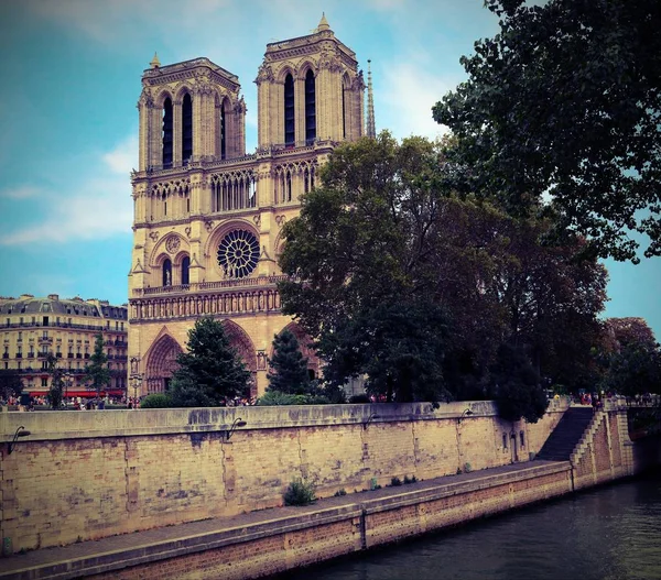 Basilica Notre Dame Parigi Senna Con Particolare Effetto Vintage — Foto Stock