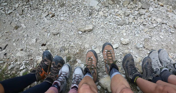 Ten Lightweight Boots Family Five Person Children Mountains — Stock Photo, Image