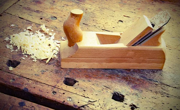 Planer Sawdust Woodworking Craft Workbench Vintage Effect — Stock Photo, Image