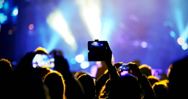 people with smartphones at the live concert of a rock band