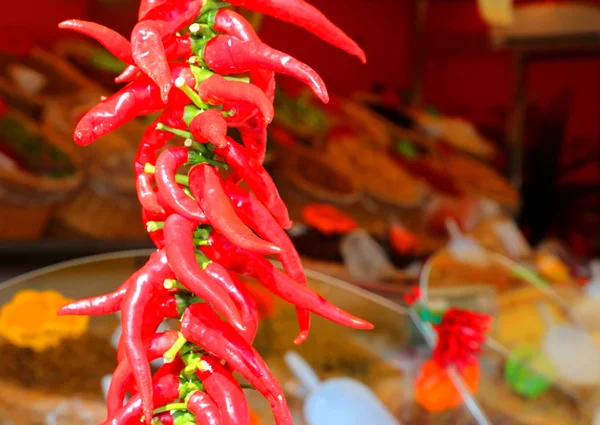 Muitas Pimentas Secas Picantes Vermelhas Barraca Comida Exótica Para Venda — Fotografia de Stock