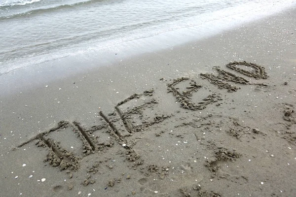 Skrivet Slutet Sanden Stranden Nära Havet — Stockfoto