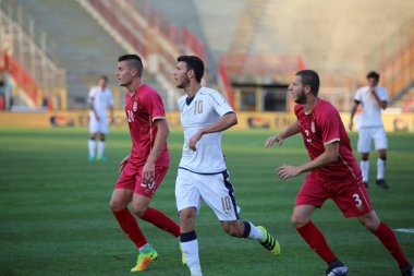 Vicenza, VI, İtalya - 2 Eylül 2016: Mazzitelli Luca ve Milinkovic Savic futbol İtalya milli futbol takımı ile Sırbistan altında 21 arasında maç