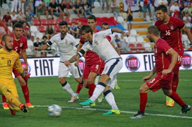 Vicenza, VI, İtalya - 2 Eylül 2016: İtalya milli futbol takımı ve Sırbistan altında 21 Romagnoli Alessio futbol maç