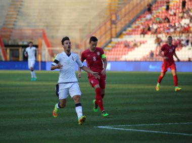 Vicenza, VI, İtalya - 2 Eylül 2016: İtalya milli futbol takımı ve Sırbistan altında 21 Verre Alberto futbol maç