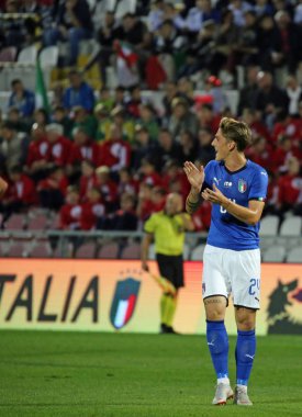 Vicenza, VI, İtalya - 15 Ekim 2018: Futbol maçı İtalya vs Tunus 21 Olsen Stadyumu'nda altında. Zaniolo oyuncusu