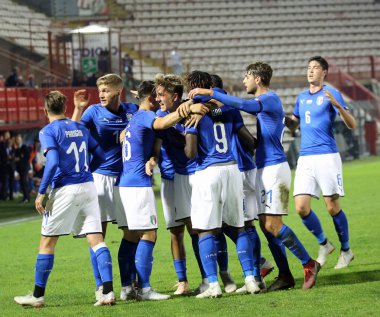 Vicenza, VI, İtalya - 15 Ekim 2018: Futbol maçı İtalya vs Tunus Olsen Stadium.Italian sevinç, 21 yaşından sonra hedef