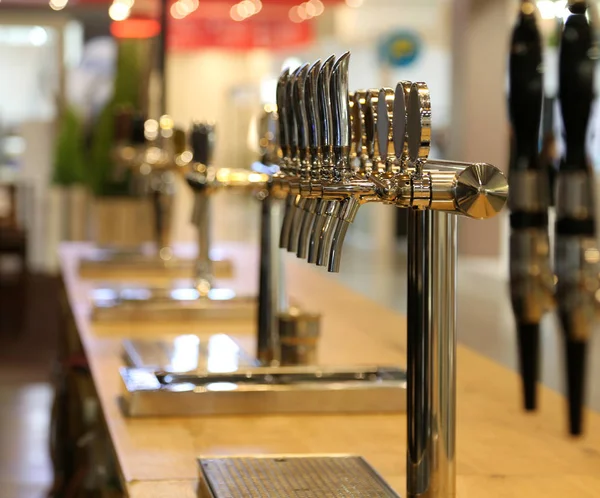 Many Draft Beer Taps Counter Pub — Stock Photo, Image