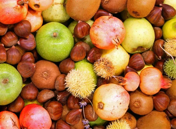 Castañas Kiwi Granadas Manzanas Grandes Otras Frutas Otoño — Foto de Stock