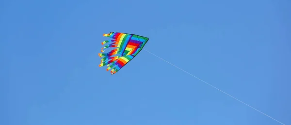 Повітряний Змій Кольорами Веселки Літає Високо Синьому Літньому Небі — стокове фото